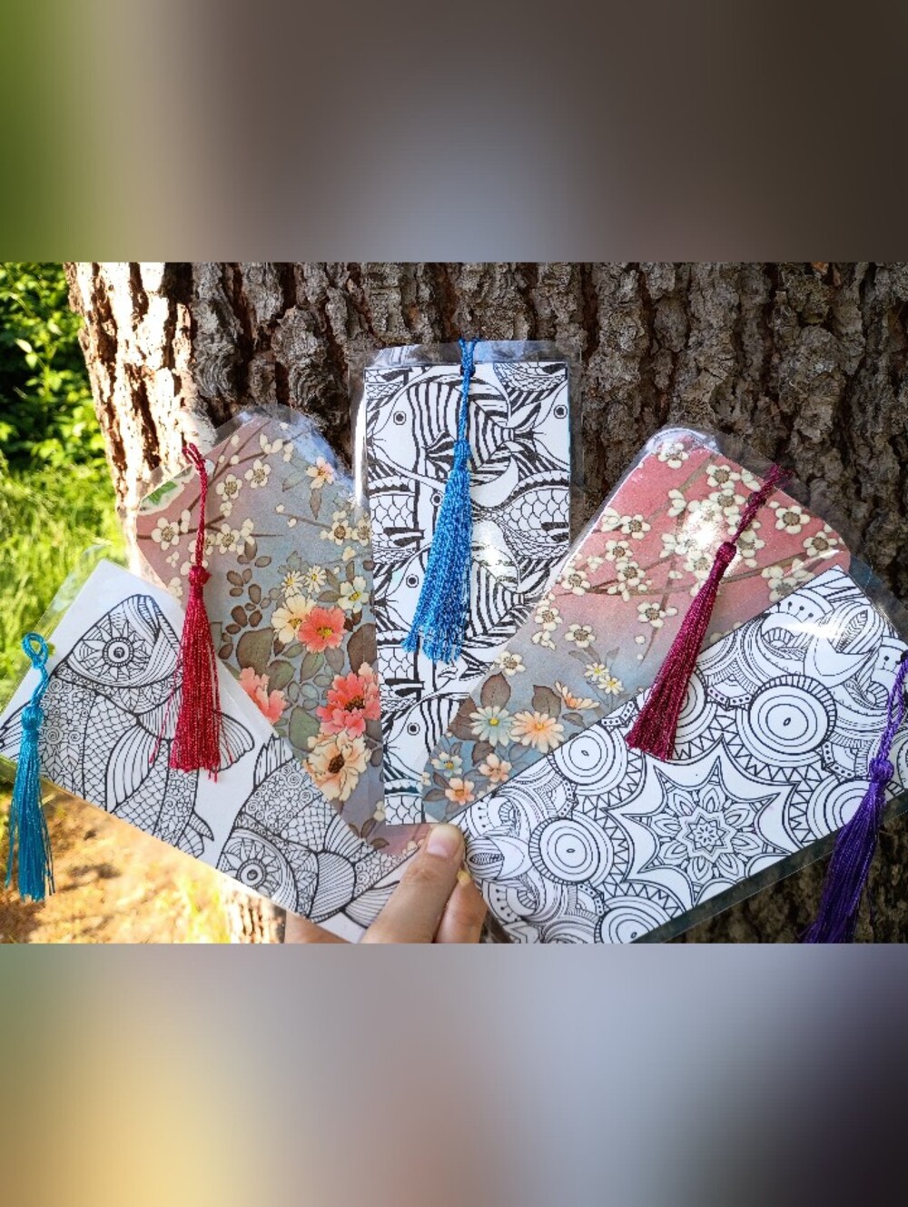Free Homemade Laminated Floral & Black-White Tassel Bookmarks